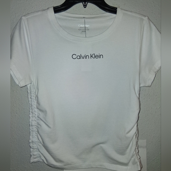 Calvin Klein Women’s White Logo T-Shirt Size M – Ruched Side Detail Crewneck - Picture 4 of 7